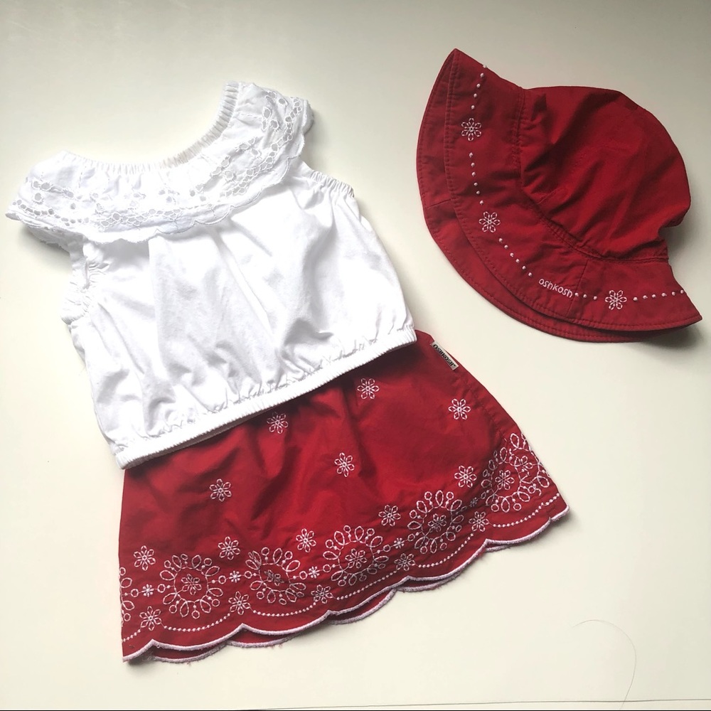 Oshkosh Baby Eyelet Skirt, Top and Hat bundle- Girls 6-9 m